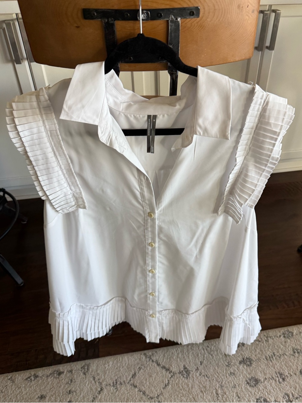 Anthropologie White Pleated-Sleeve Button Front Blouse